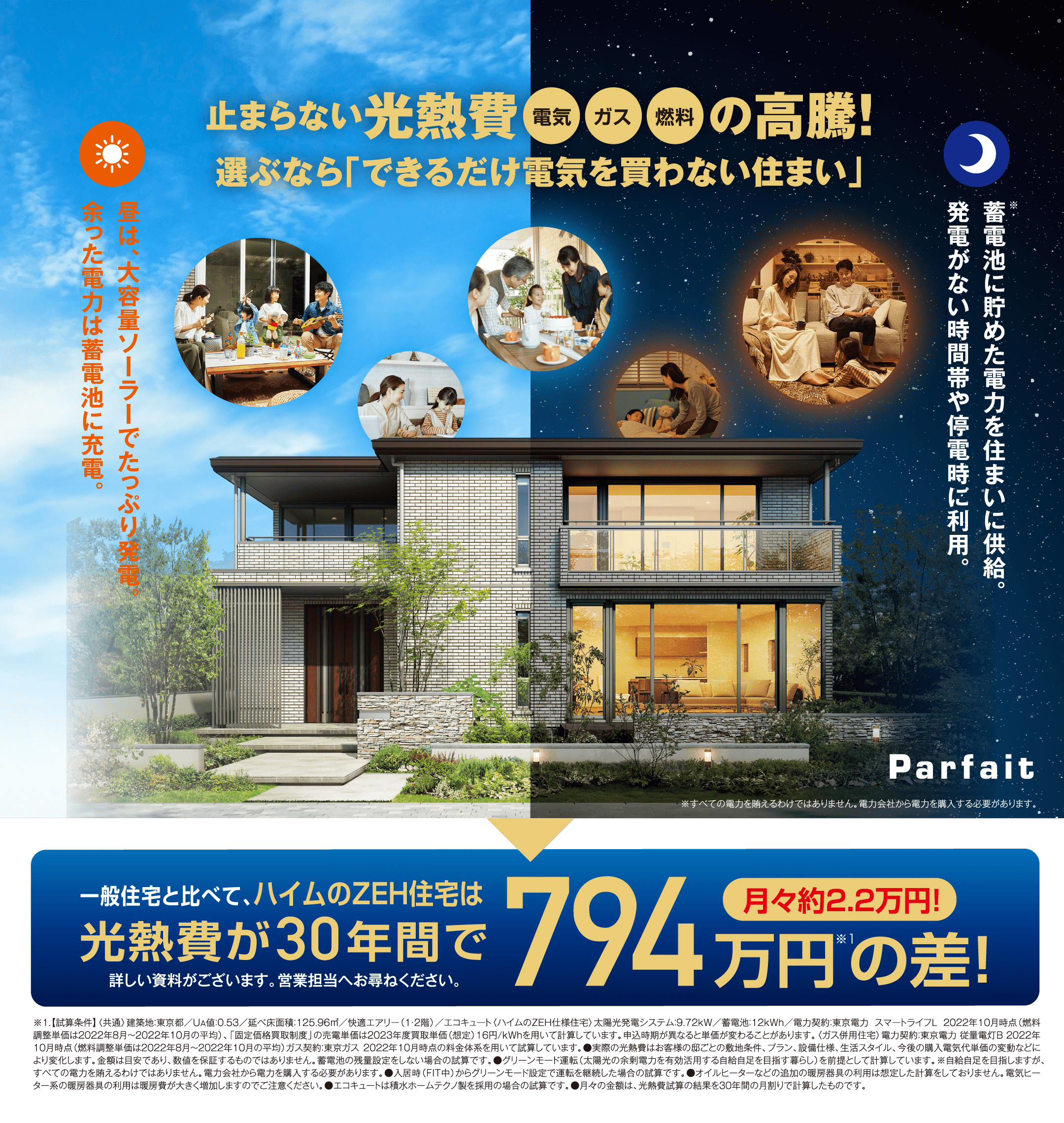 止まらない光熱費 （電気 ガス 燃料）の高騰！選ぶなら「できるだけ電気を買わない住まい」 一般住宅と比べて、ハイムのZEH住宅は光熱費が30年間で794万円※1の差！