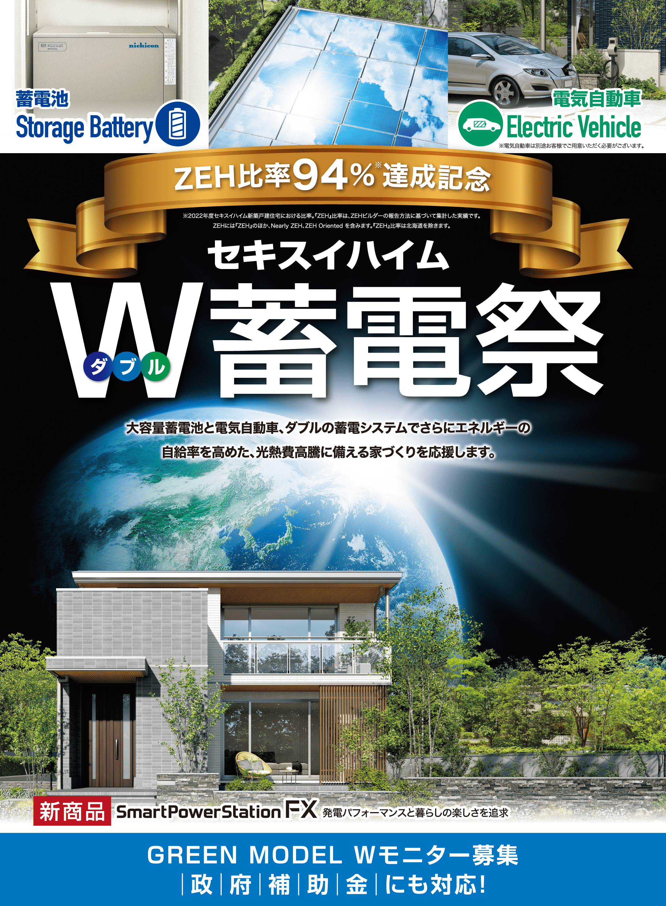 ZEH比率94%※達成記念 ※2022年度セキスイハイム新築戸建住宅における比率。『ZEH』比率は、ZEHビルダーの報告方法に基づいて集計した実績です。ZEHには『ZEH』のほか、Nearly ZEH、ZEH Oriented を含みます。『ZEH』比率は北海道を除きます。セキスイハイムW蓄電祭 大容量蓄電池と電気自動車、ダブルの蓄電システムでさらにエネルギーの自給率を高めた、光熱費高騰に備える家づくりを応援します。 GREEN MODEL Wモニター募集 政府補助金にも対応！