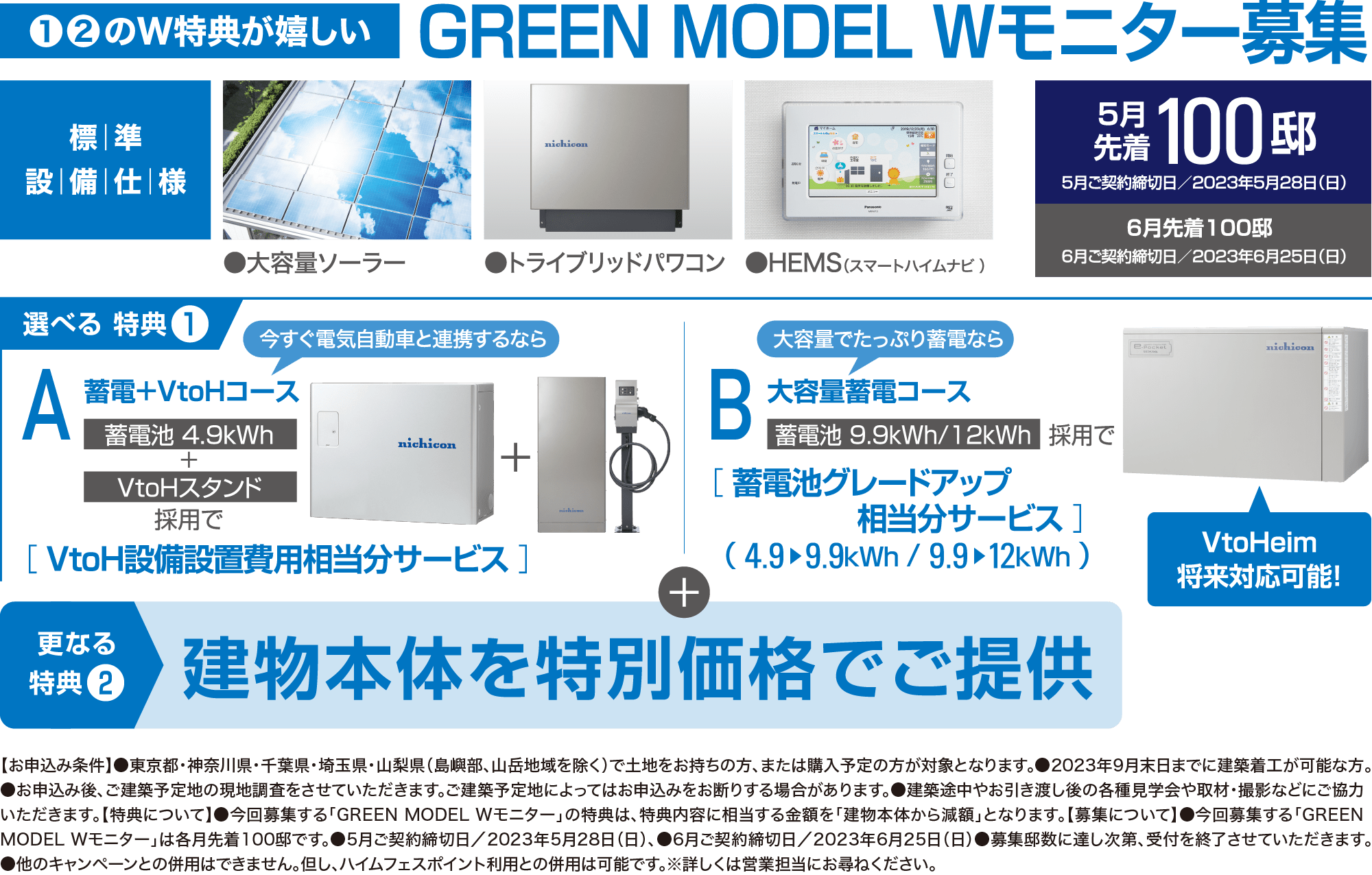 ❶❷のW特典が嬉しい GREEN MODEL Wモニター募集 5月先着 100邸　5月ご契約締切日／2023年5月28日（日） 6月先着100邸 6月ご契約締切日／2023年6月25日（日） 標準設備仕様 ●大容量ソーラー●トライブリッドパワコン ●HEMS（スマートハイムナビ ）
