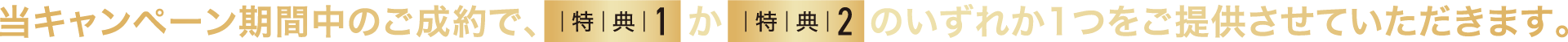 年度末決算 当キャンペーン期間中のご成約で、特典1か特典2のいずれか1つをご提供させていただきます。