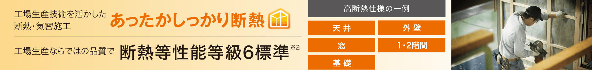 工場生産技術を活かした断熱・気密施工 あったかしっかり断熱 工場生産ならではの品質で断熱等性能等級6標準※2 高断熱仕様の一例 天井,外壁,窓,1・2階間,基礎