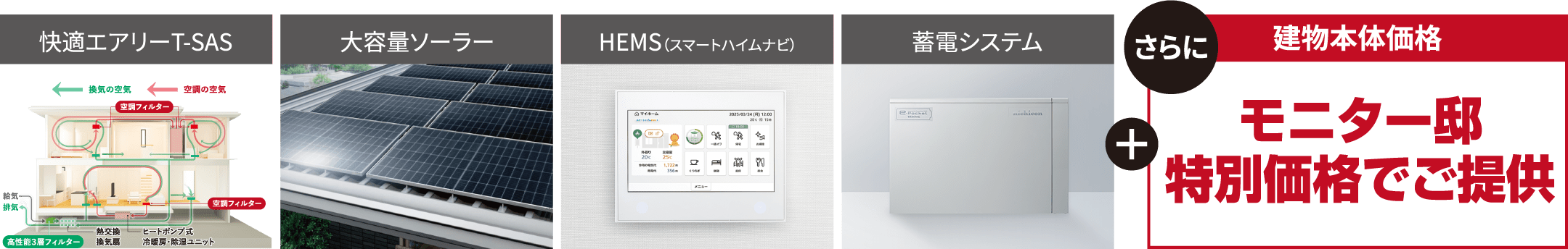 快適エアリーT-SAS 大容量ソーラー HEMS（スマートハイムナビ） 蓄電システム さらに建物本体価格モニター邸特別価格でご提供