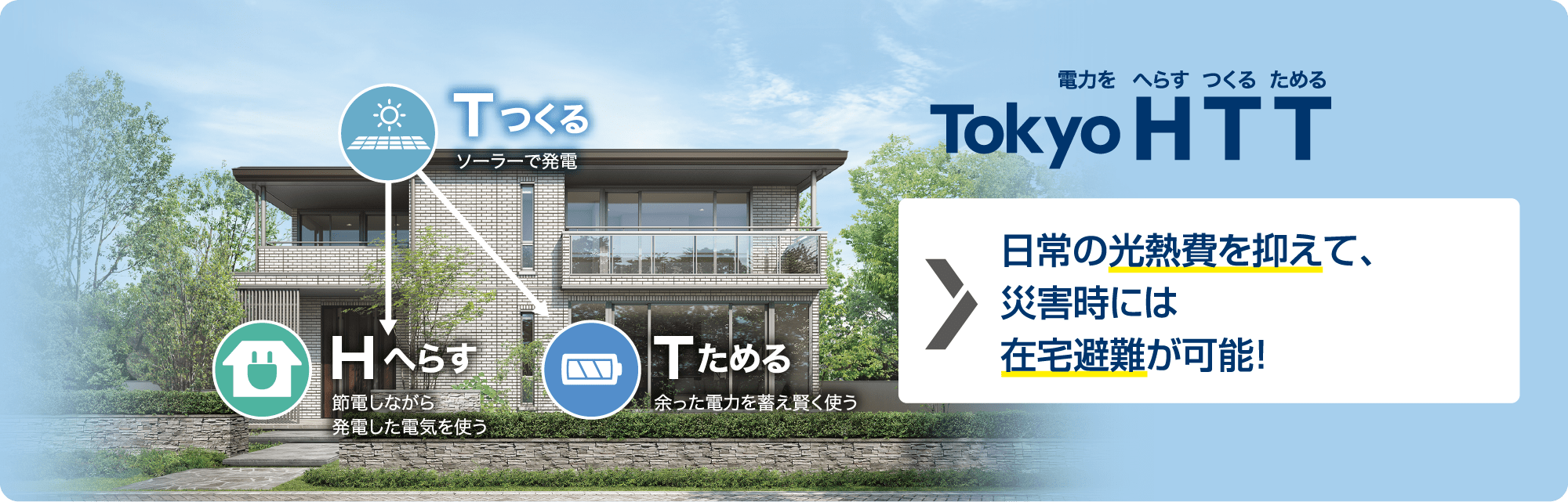 電力をH(へらす)T(つくる)T(ためる)日常の光熱費を抑えて、災害時には在宅避難が可能!