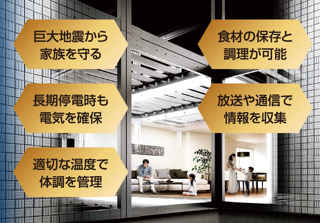 巨大地震から家族を守る 食材の保存と調理が可能 長期停電時も電気を確保 放送や通信で情報を収集 適切な温度で体調を管理