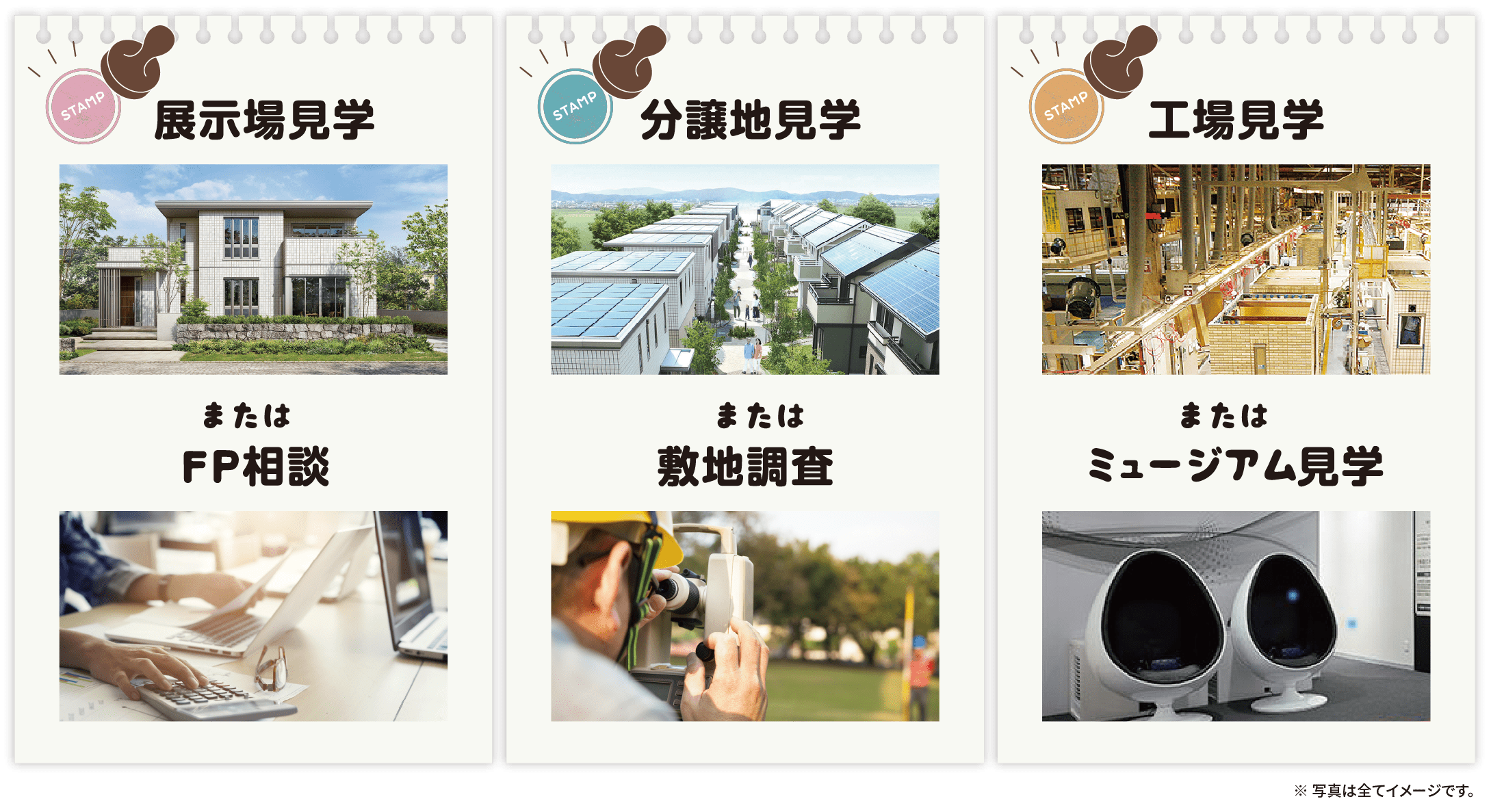 展示場見学またはFP相談※分譲地見学または敷地調査※工場見学またはミュージアム見学※ ※ FP相談はファイナンシャルプランナーの略です。※ FP相談は対面相談のみ対象です。※ 敷地調査は対面報告のみ対象です。※ ミュージアム見学はセキスイハイムミュージアム・ ハイムギャラリーパークからお選びいただけます。※ ミュージアム見学の予約をご希望の方は営業担当に お問い合わせください。※ 写真は全てイメージです。