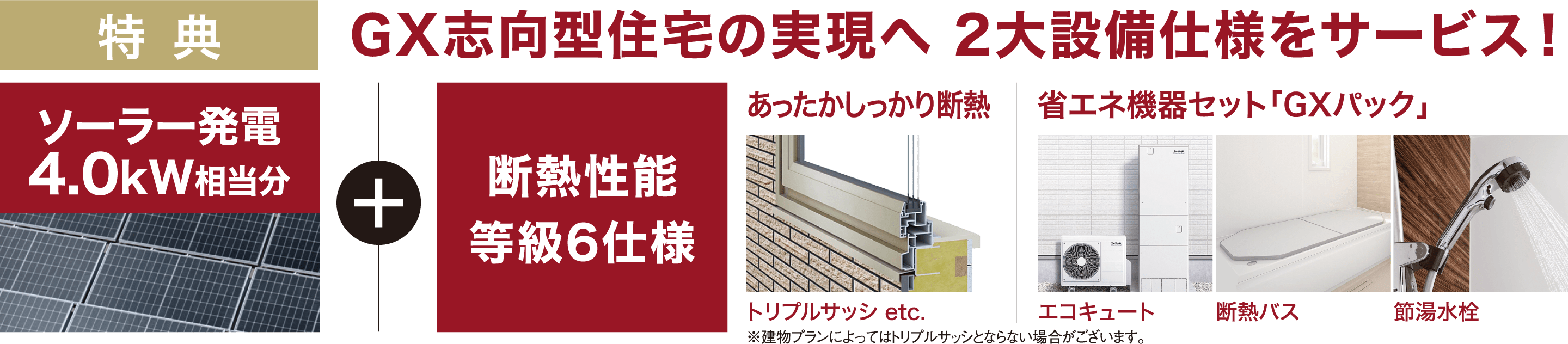 特典 GX志向型住宅の実現へ 2大設備仕様をサービス！ ソーラー発電4.0kW相当分 + 断熱性能等級6仕様