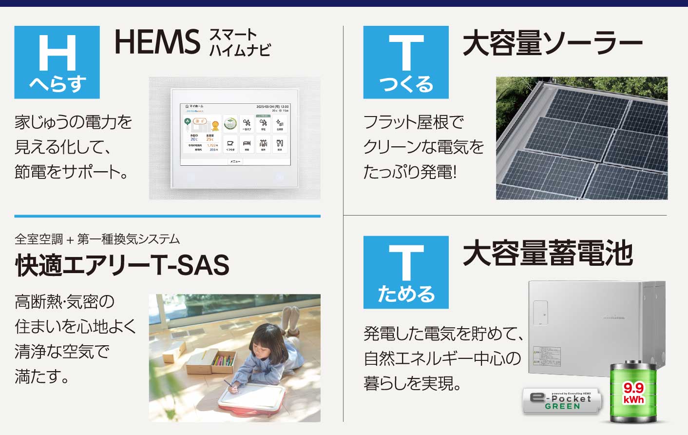 HEMS（スマートハイムナビ） 全室空調+第一種換気システム 快適エアリーT-SAS 大容量ソーラー 大容量蓄電池