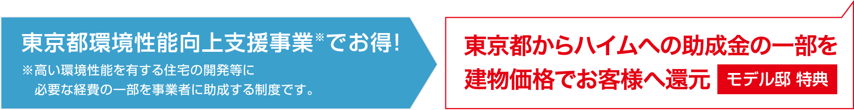 東京都環境性能向上支援事業(高い環境性能を有する住宅の開発等に必要な経費の一部を事業者に助成する制度です。)でお得! |モデル邸特典 東京都からハイムへの助成金の一部を建物価格でお客様へ還元